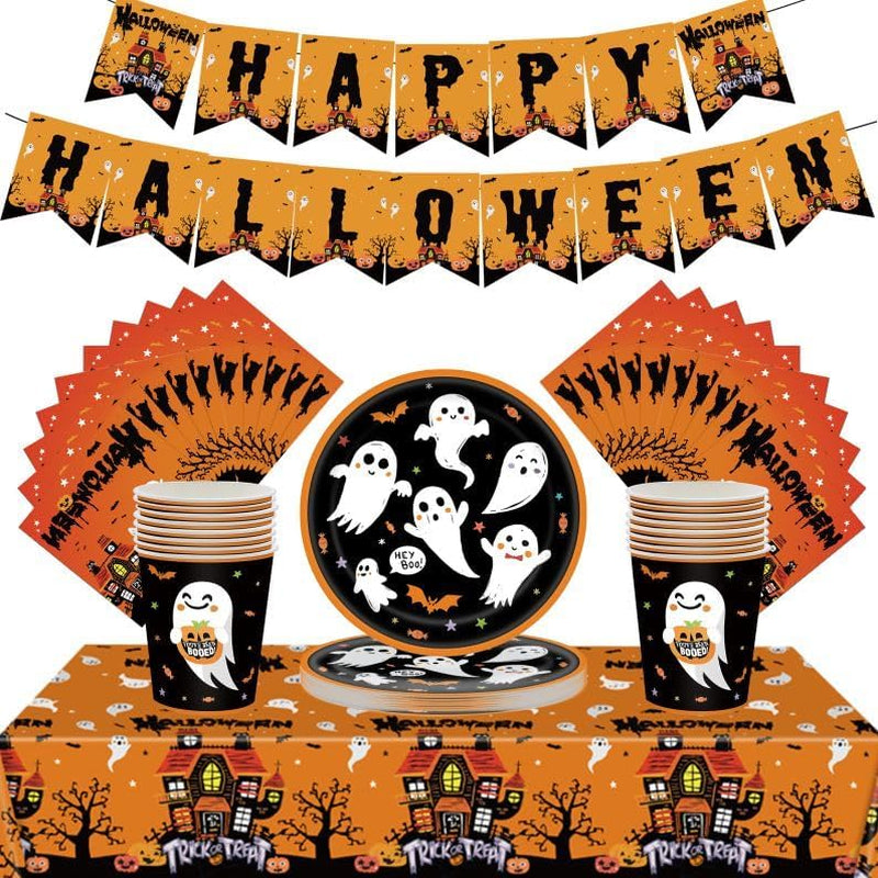 54Pcs Halloween Party Tableware Decorations Halloween Party Decorations Table Cloth ,Banner,Paper Napkins,7Inch Paper Plates Dinnerware Set for Halloween Theme Table Party Favor