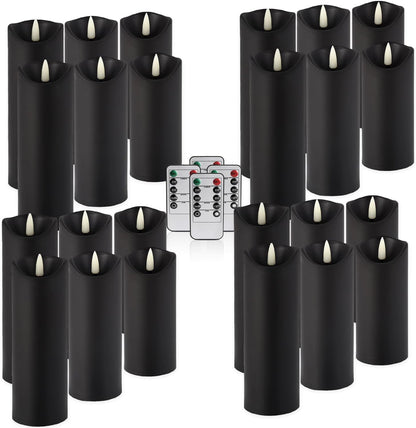 24 Pack Halloween Decoration Flickering Flameless Candles, Battery Operated LED Pillar Candles with Remote Control and Timer.For Home Decor (D2.2 Xh 5" 6" 7" Black)