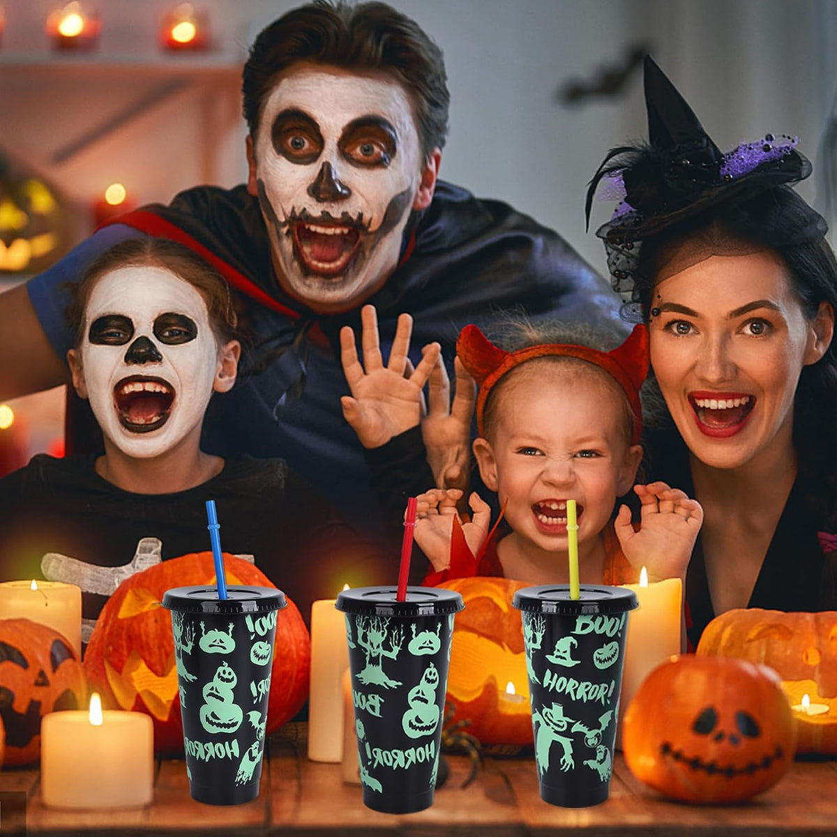 Set of 5 Luminous Colour-Changing Halloween Tumblers with Lids and Straws - 710ml Reusable Drinkware for Smoothies