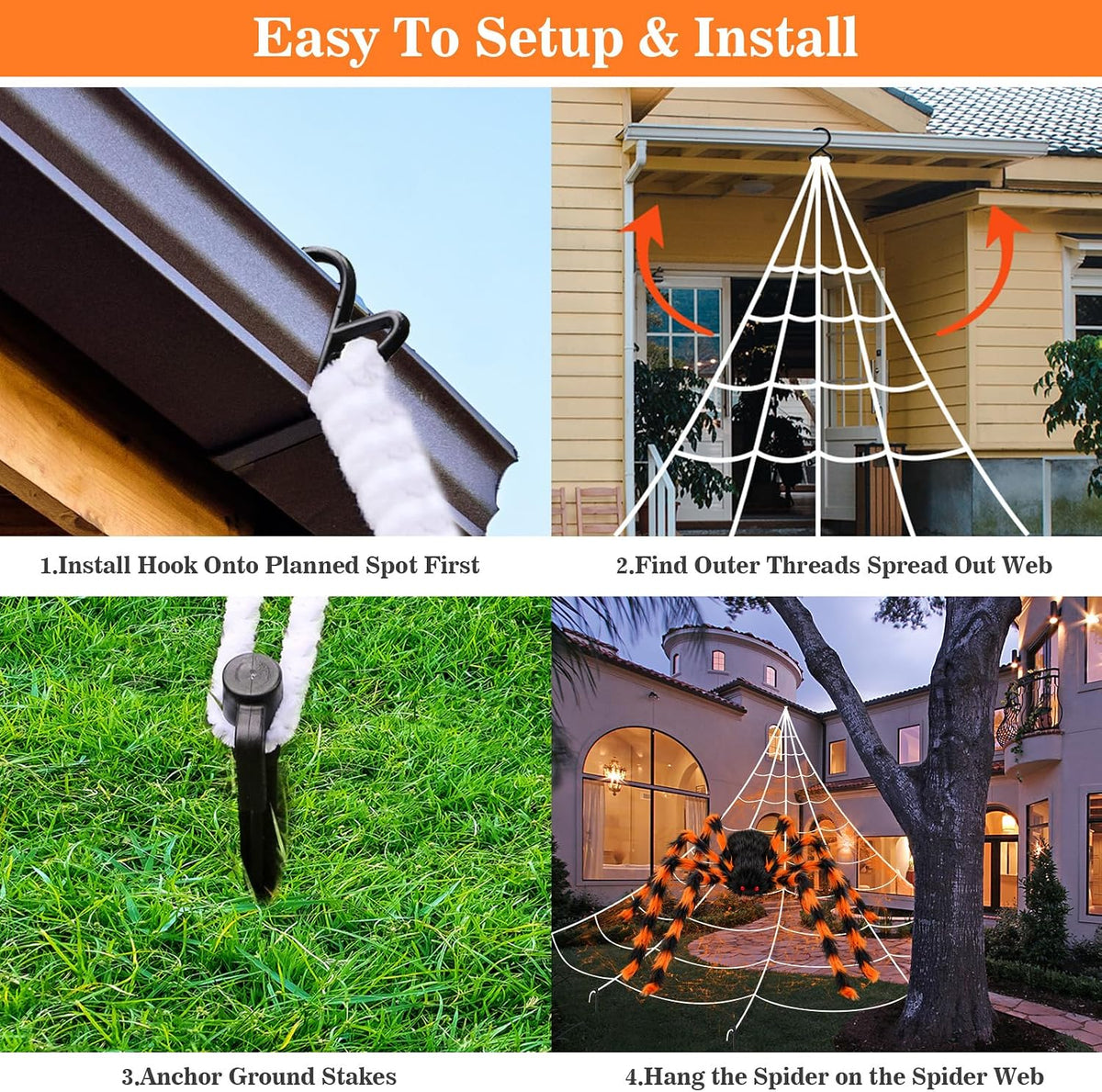 Halloween Decorations Spider Web, 50'' Giant Spider + 200'' Triangular Giant Spider Web and 20G Spider Web, Halloween Spider for Indoor Outdoor Scary Haunted House Spider Web Party Halloween Yard