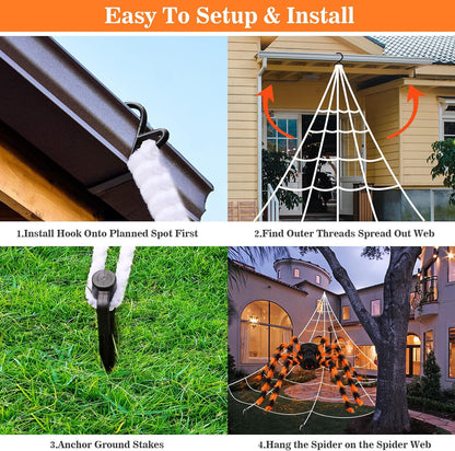 Halloween Decorations Spider Web, 50'' Giant Spider + 200'' Triangular Giant Spider Web and 20G Spider Web, Halloween Spider for Indoor Outdoor Scary Haunted House Spider Web Party Halloween Yard