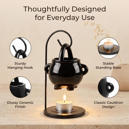 Cauldron Wax Melt Burner with Tealight Candle, Warming Stand, Decorative Hanging Living Room Home Decor and Aromatherapy, Spooky Halloween Black Warmer Pot