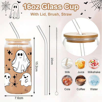 Halloween Glass Tumbler with Straw and Lid, Pumpkin Ghost Design (Style B)