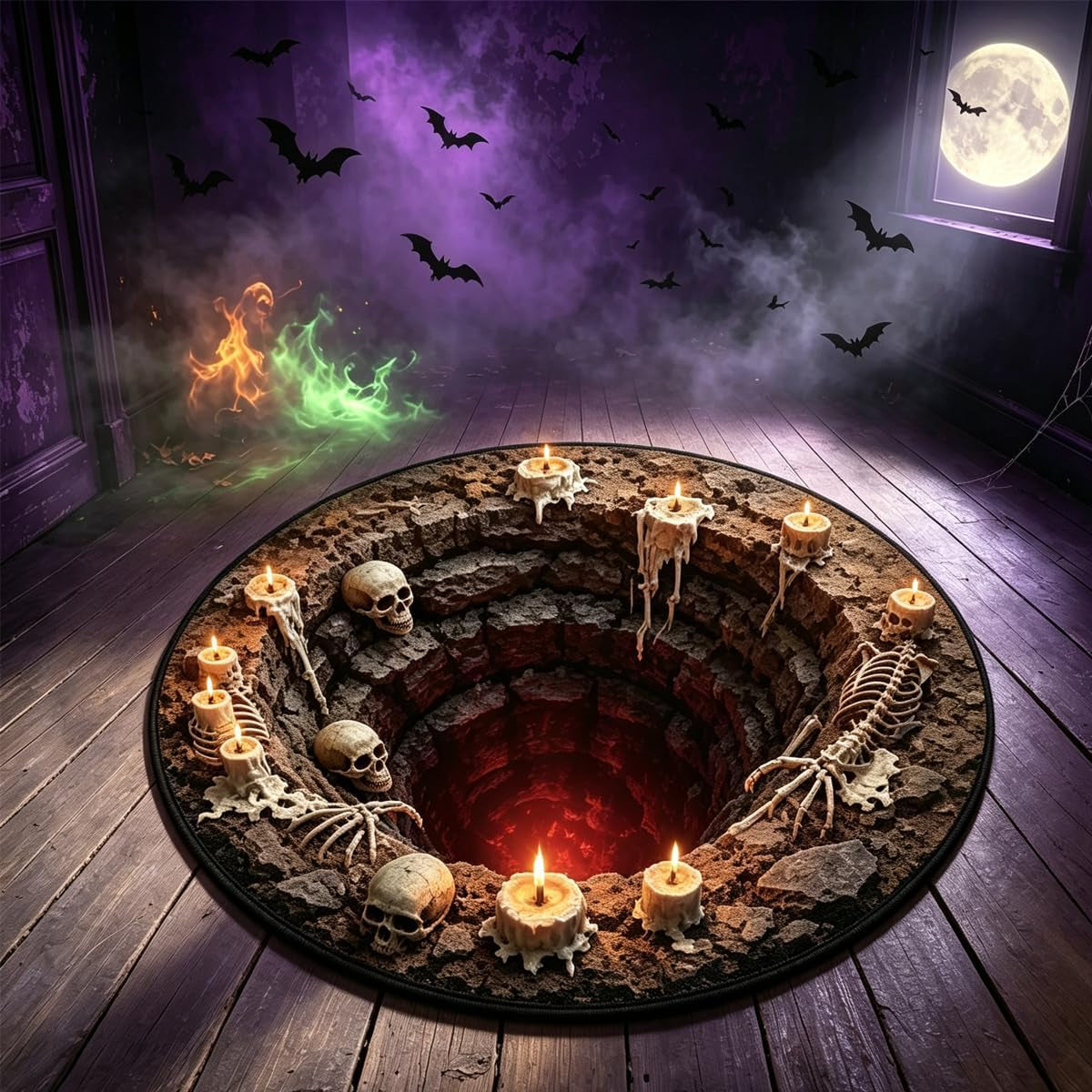 3D Skeleton Area Rug, 60 cm Diameter - Spooky Halloween Home Decor