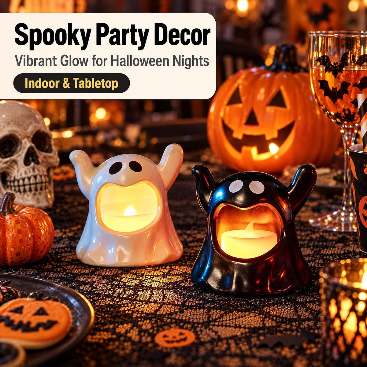 Set of 2 Battery-Operated Black and White Halloween Ghost Candle Holders for Table Decoration