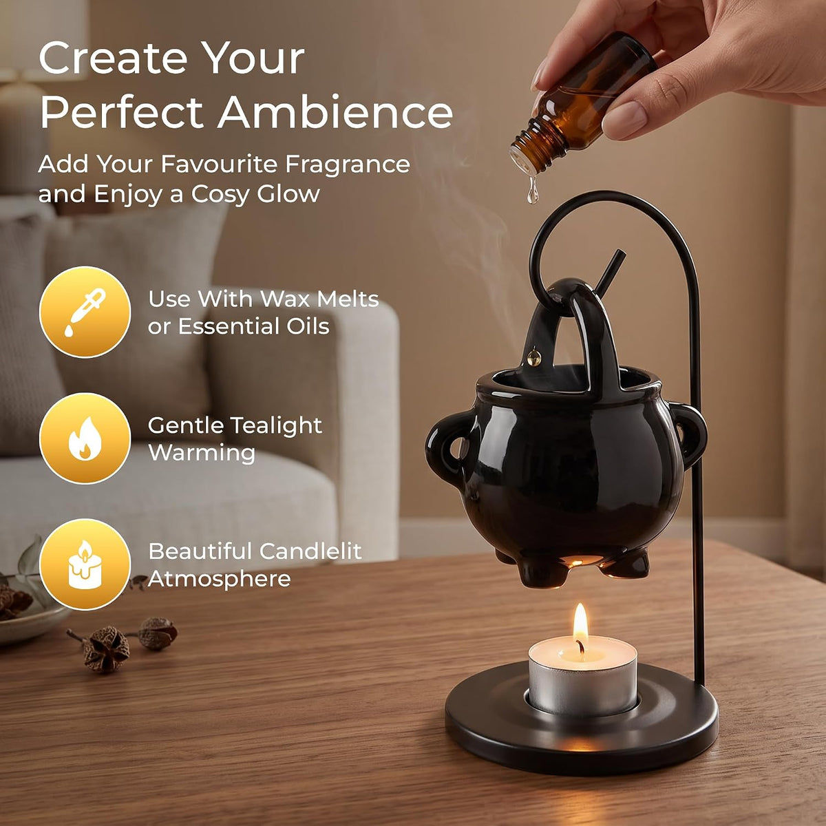 Cauldron Wax Melt Burner with Tealight Candle, Warming Stand, Decorative Hanging Living Room Home Decor and Aromatherapy, Spooky Halloween Black Warmer Pot