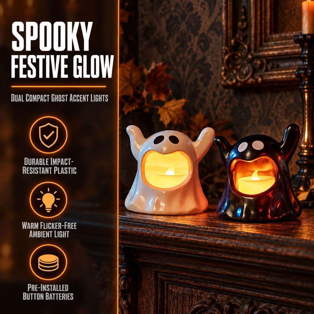 Set of 2 Battery-Operated Black and White Halloween Ghost Candle Holders for Table Decoration