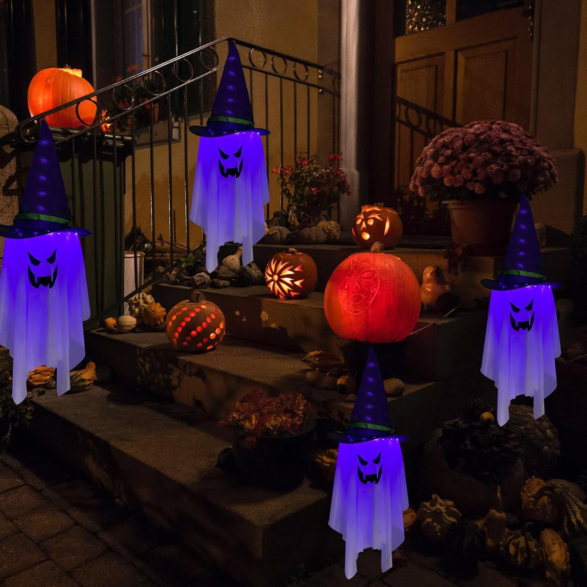 Halloween Decorations  Hanging Ghost Lighted Flying Ghost Grim Reaper Skull Chains Glowing Ghost White Ghost Wizard Hat for Garden Yard Halloween Party Tree Door Lawn Party Supplies