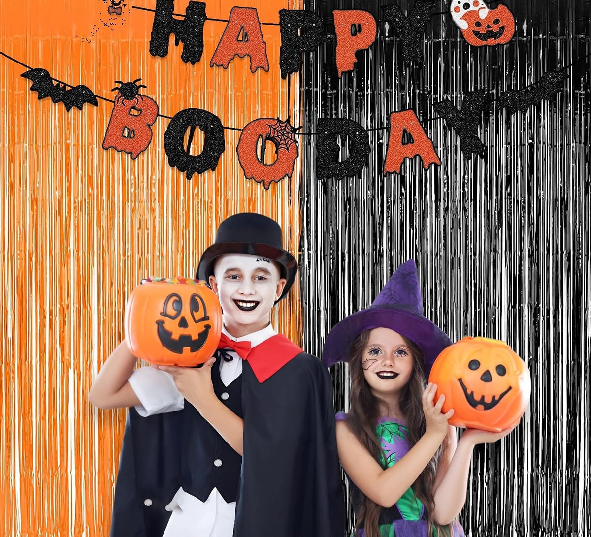 Halloween Party Decorations Black Orange Foil Fringe Curtain - 2PCS 3.3 X 8.2 Ft Metallic Tinsel Curtains Photo Booth Backdrop, Room Decor for Halloween Pumpkin Costumes Family Party