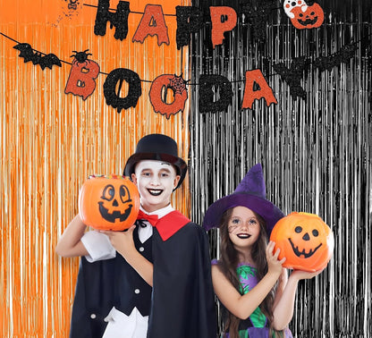 Halloween Party Decorations Black Orange Foil Fringe Curtain - 2PCS 3.3 X 8.2 Ft Metallic Tinsel Curtains Photo Booth Backdrop, Room Decor for Halloween Pumpkin Costumes Family Party