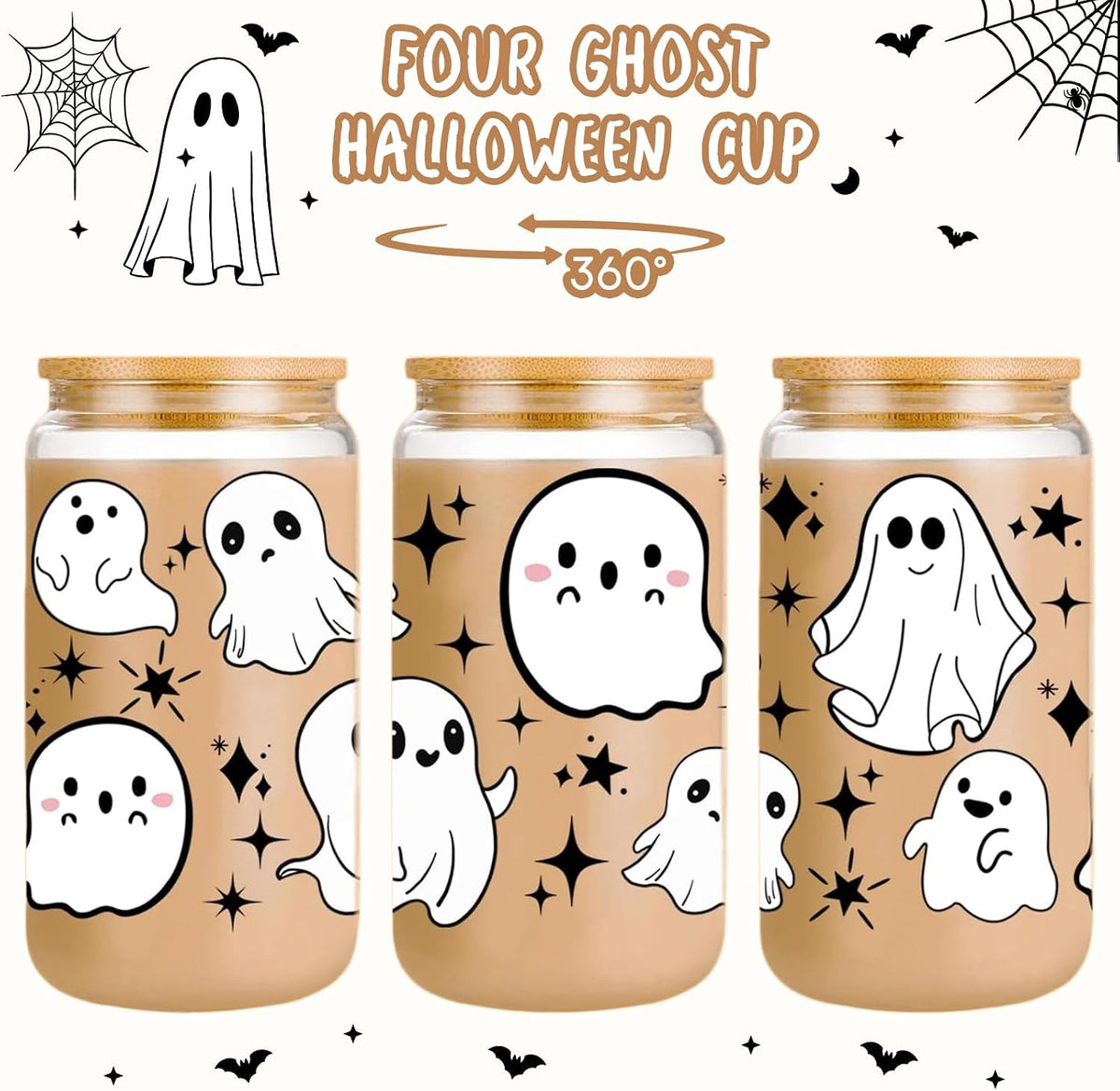 Halloween Glass Tumbler with Straw and Lid, Pumpkin Ghost Design (Style B)