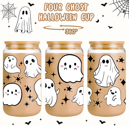 Halloween Glass Tumbler with Straw and Lid, Pumpkin Ghost Design (Style B)