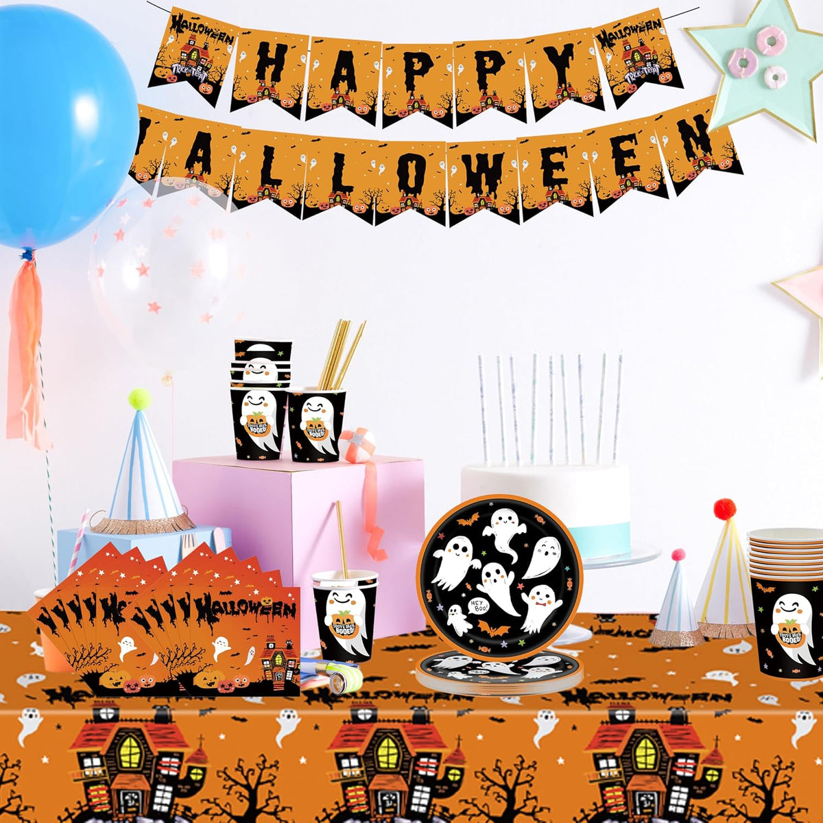 54Pcs Halloween Party Tableware Decorations Halloween Party Decorations Table Cloth ,Banner,Paper Napkins,7Inch Paper Plates Dinnerware Set for Halloween Theme Table Party Favor