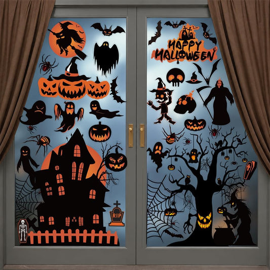 Halloween Decorations | 8 Sheet Halloween Window Stickers Clings Decals | Double Sided Reuseable Bats Spider Ghost Pumpkin Halloween Party |