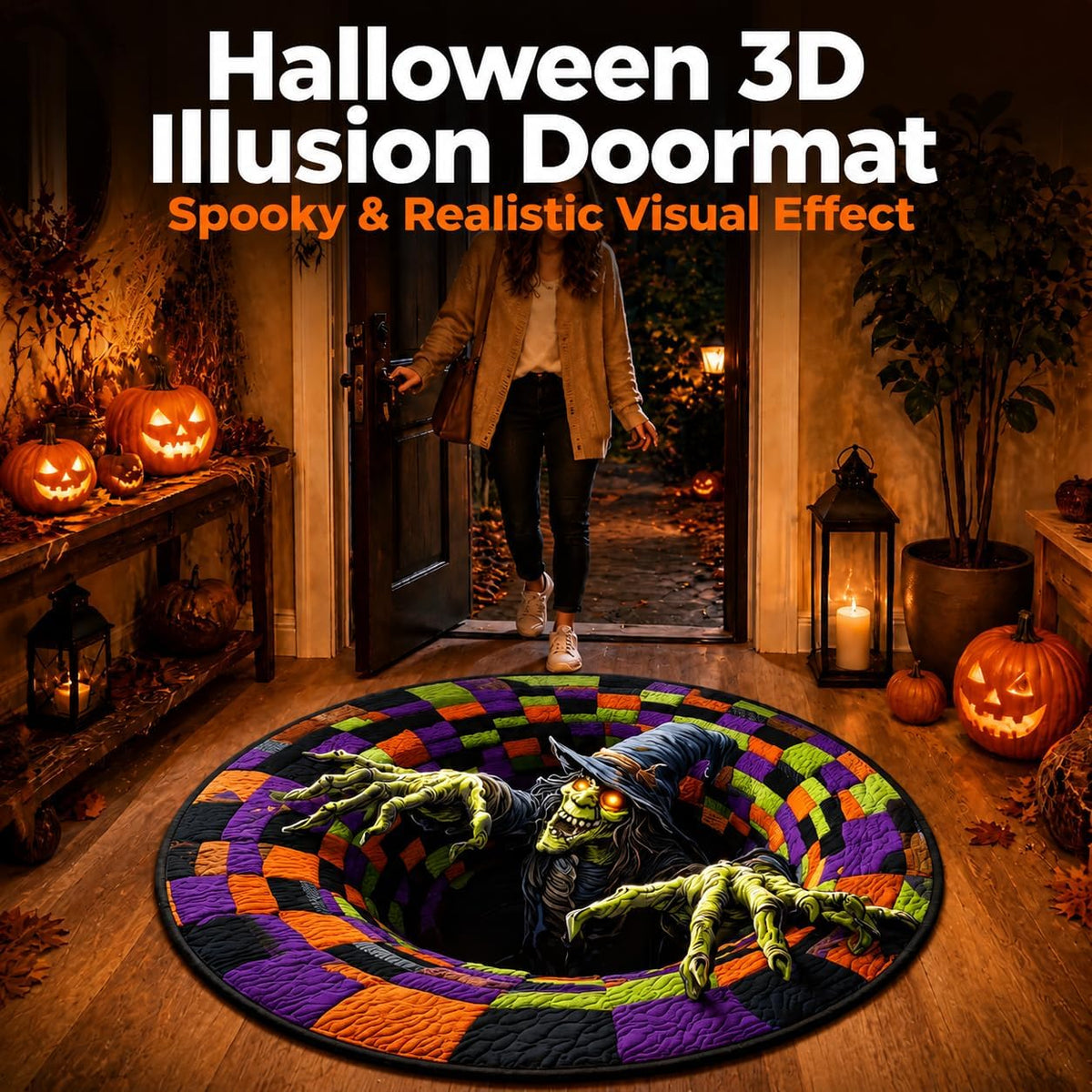 Halloween 3D Rug, 3Doptical Illusion Skeleton Abyss round Area Rug, Spooky Indoor Floor Mat for Living Room Bedroom Entryway and Halloween Party Decor (80 * 80Cm) (Rug-20)