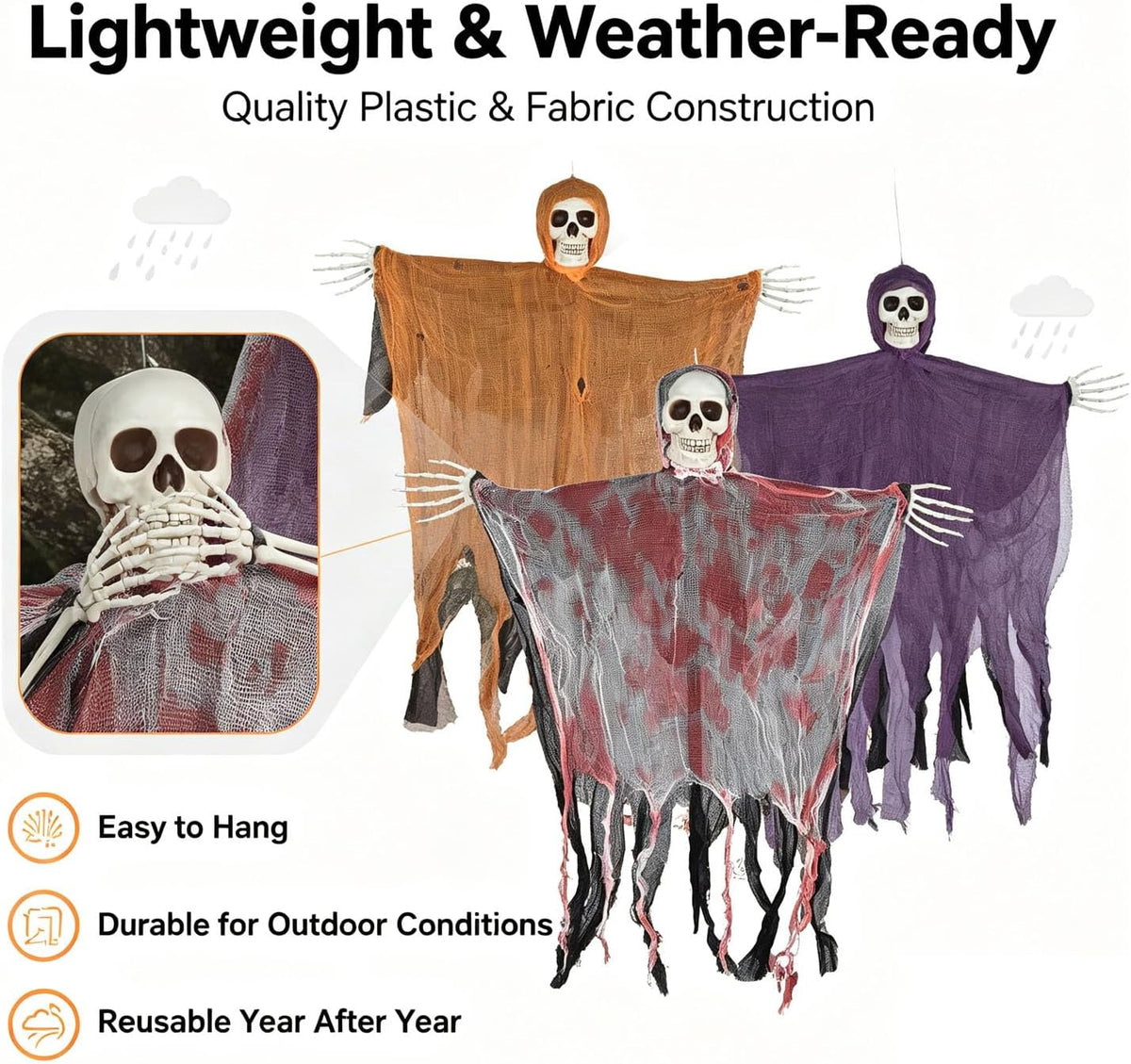 Hanging Halloween Decorations Outdoor Skeleton Ghost with 8 Modes Lights, Halloween Lighted Skeleton Ghost Set, 3 Pack 80Cm Ghosts Haloween Decor,Bloody Specter for Door outside Halloween Party Decor