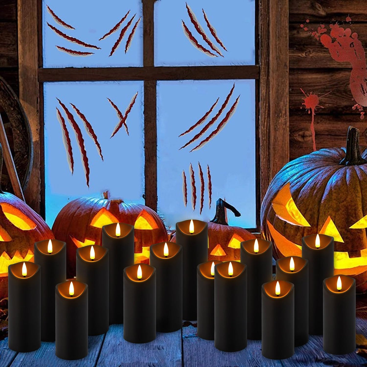24 Pack Halloween Decoration Flickering Flameless Candles, Battery Operated LED Pillar Candles with Remote Control and Timer.For Home Decor (D2.2 Xh 5" 6" 7" Black)