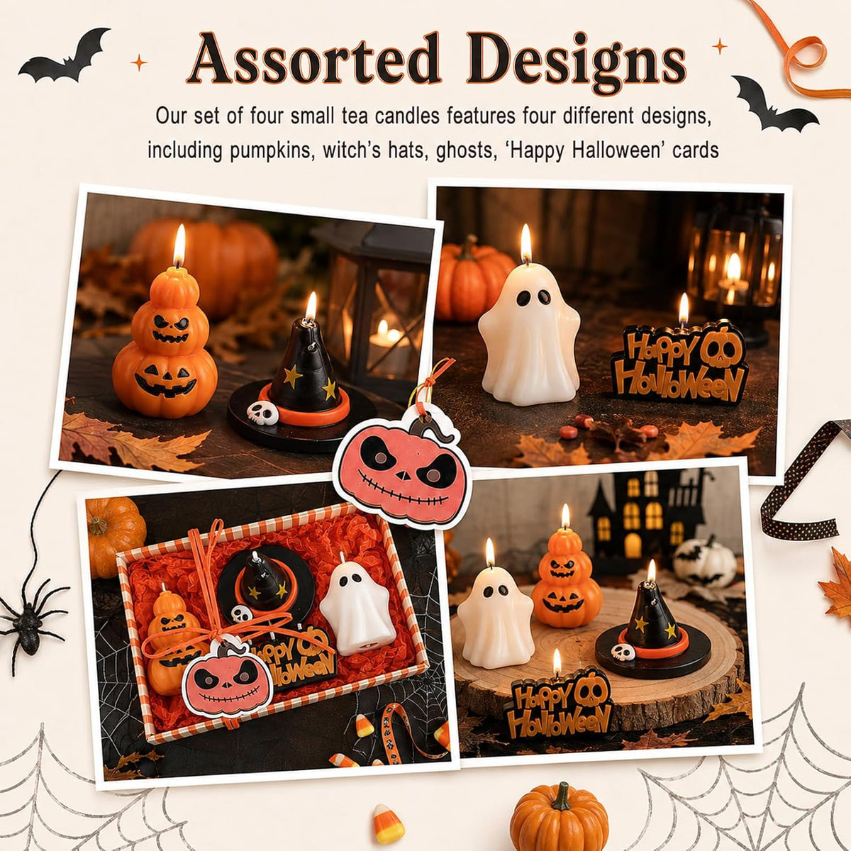 4 PCS Fall Pumpkin Candle Halloween Ghost Candles with Gift Box
