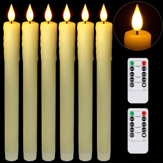 LED Tapered Candles with Remote Control, 6Pcs Battery Operated LED Flameless Fake Candles Flickering Real Wax Taper Candles with Timer for Home Halloween Christmas Room Table Decorations