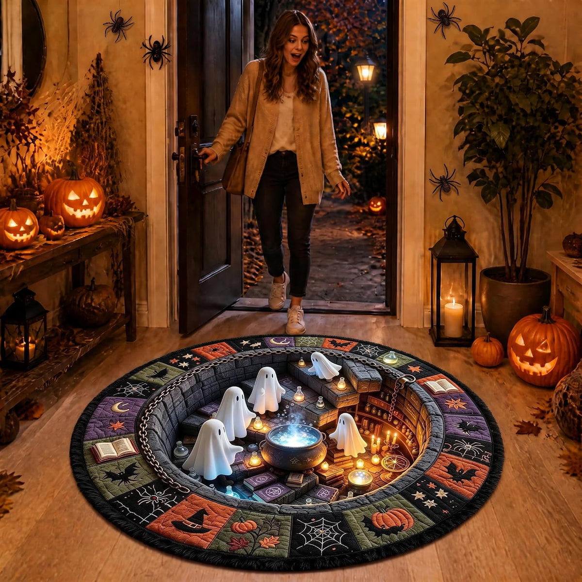Halloween 3D Rug, 3Doptical Illusion Skeleton Abyss round Area Rug, Spooky Indoor Floor Mat for Living Room Bedroom Entryway and Halloween Party Decor (80 * 80Cm) (Rug-15)