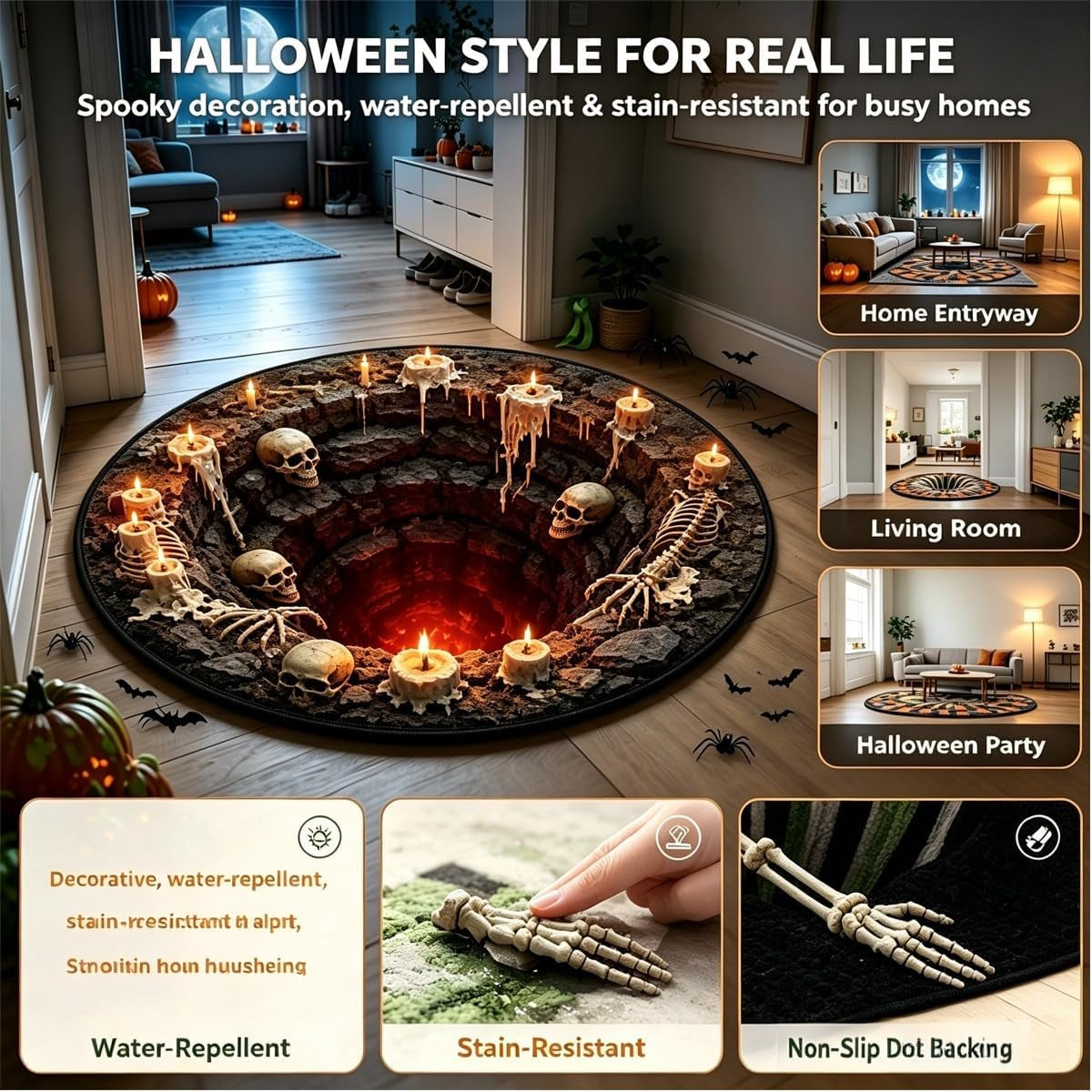 3D Skeleton Area Rug, 60 cm Diameter - Spooky Halloween Home Decor