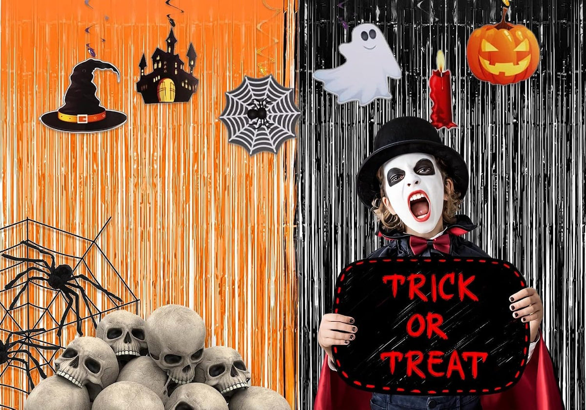 Halloween Party Decorations Black Orange Foil Fringe Curtain - 2PCS 3.3 X 8.2 Ft Metallic Tinsel Curtains Photo Booth Backdrop, Room Decor for Halloween Pumpkin Costumes Family Party