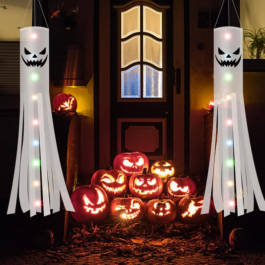 180CM Halloween Ghost Windsocks Flag with 2M LED Colorful Lights 2 PCS, Hanging Halloween Ghost Decoration Outdoor, Flag Wind Socks Décor for Yard Garden Door Lawn Dead Tree Party Supplies