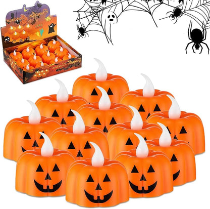 12PCS Pumpkin Tealights Candles Flameless Halloween Party Decorations, Flickering Candle Lights Battery Operated LED Tea Lights - 3D Orange Lanterns Candles for Halloween Parties