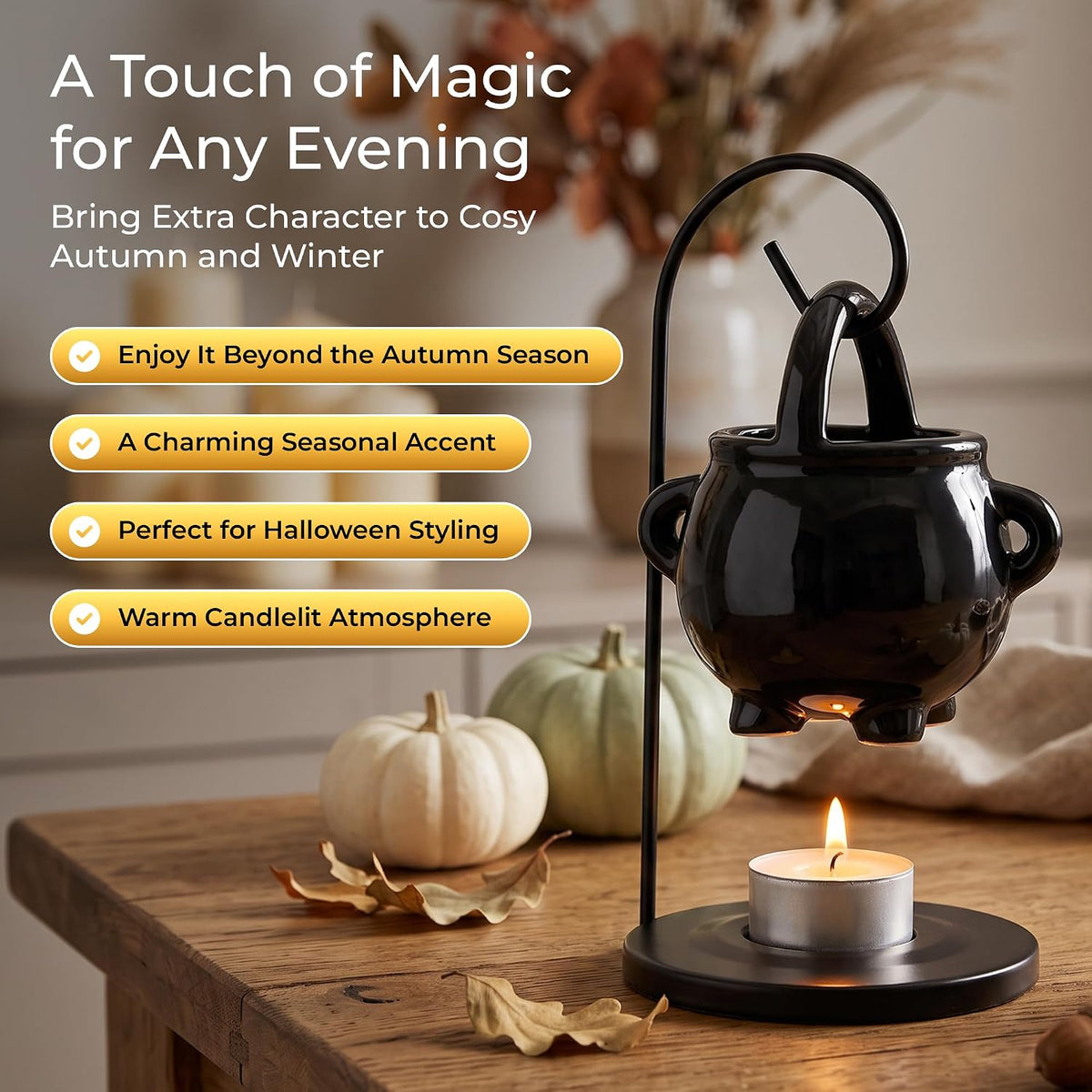 Cauldron Wax Melt Burner with Tealight Candle, Warming Stand, Decorative Hanging Living Room Home Decor and Aromatherapy, Spooky Halloween Black Warmer Pot