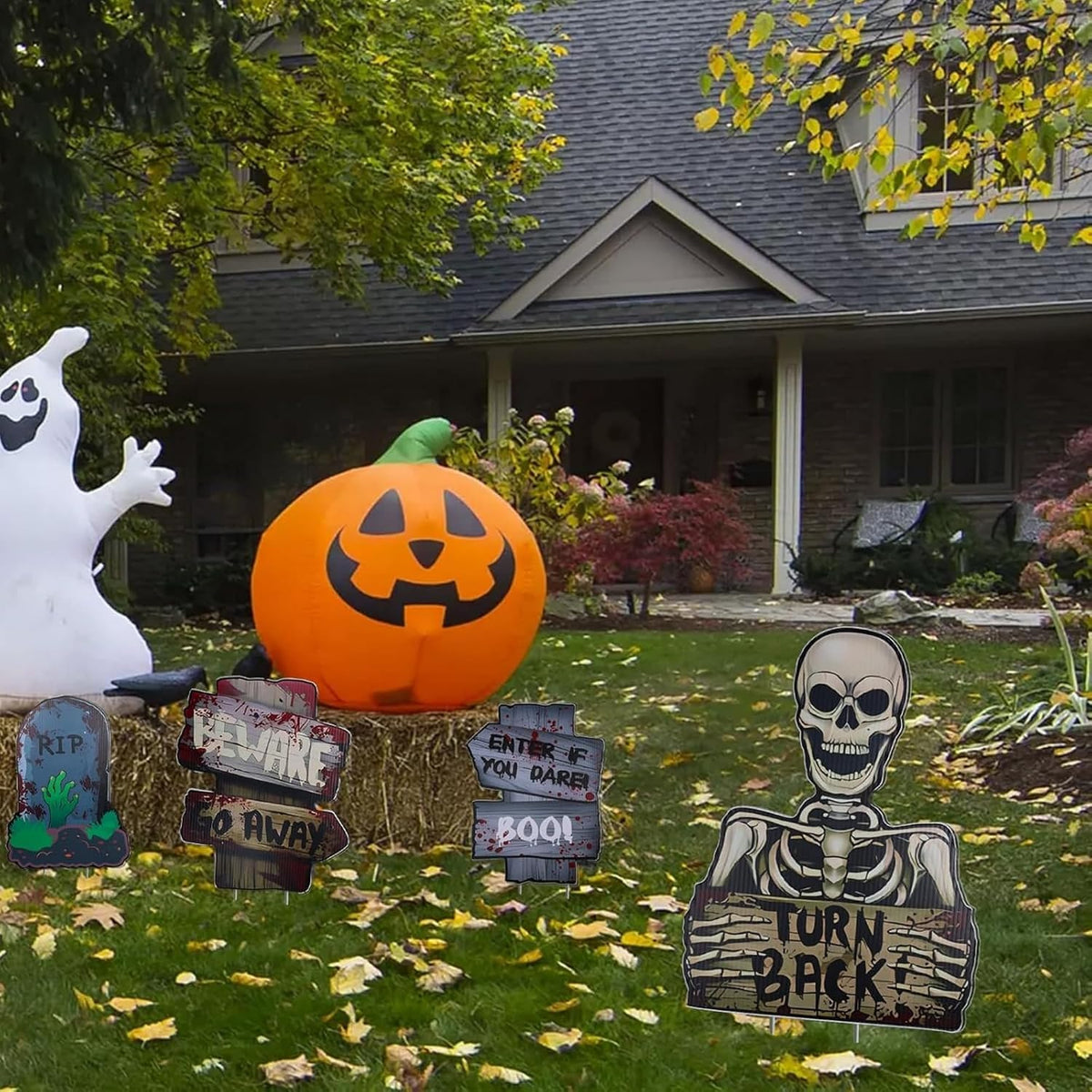 4 Pack Reusable Halloween Yard Signs – Waterproof Outdoor Garden Decorations, Medium Size 28 * 21Cm Spooky Ghost Stake Signs for Haunted House or Lawn (Medium Size -4 Pcs)