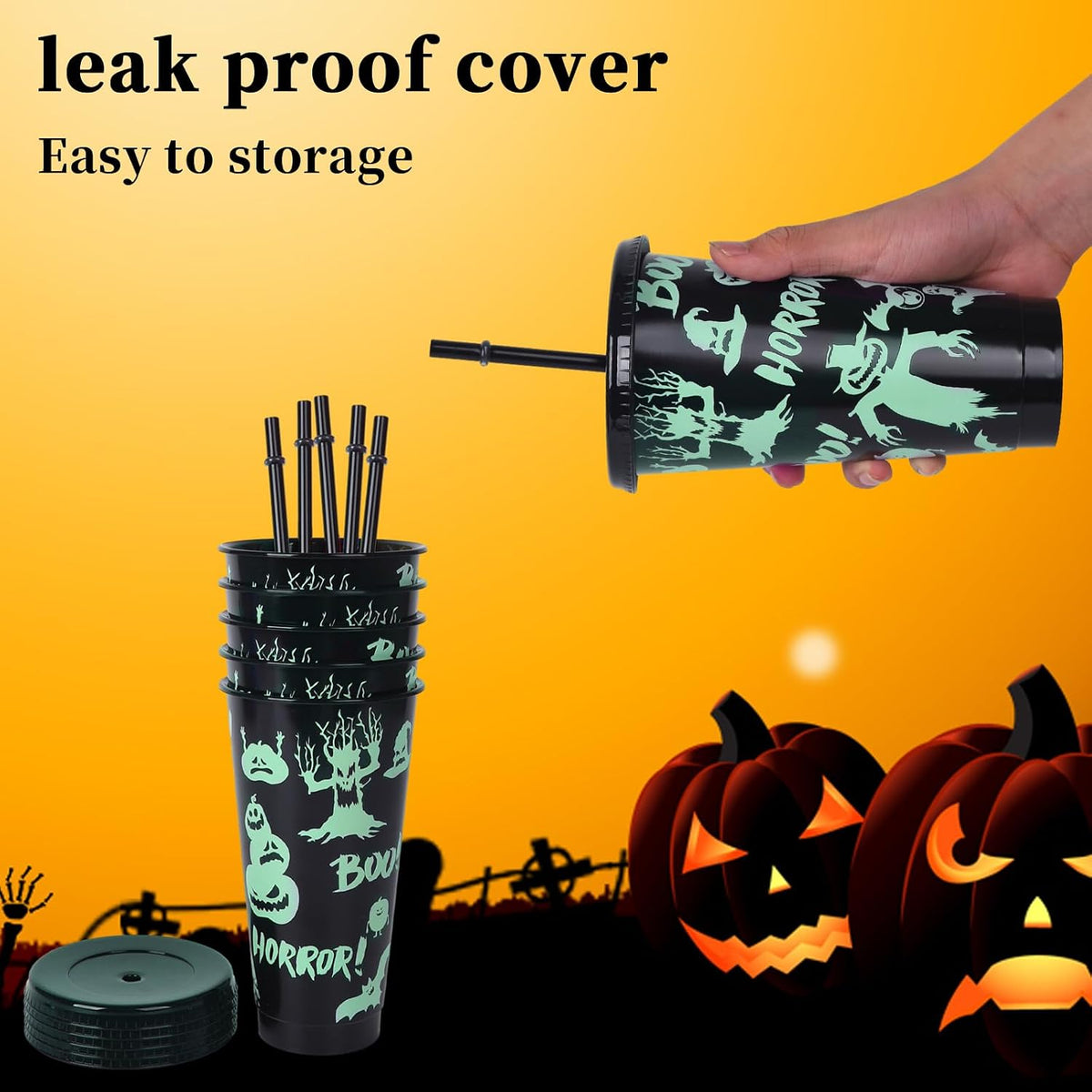 Set of 5 Luminous Colour-Changing Halloween Tumblers with Lids and Straws - 710ml Reusable Drinkware for Smoothies