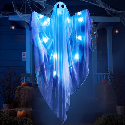 Halloween Hanging Light up Ghost with Spooky Blue LED Light, 47” White Hanging Ghosts, Best Halloween Hanging Decoration for Front Yard Patio Lawn Garden Party Decor Indoor Outdoor