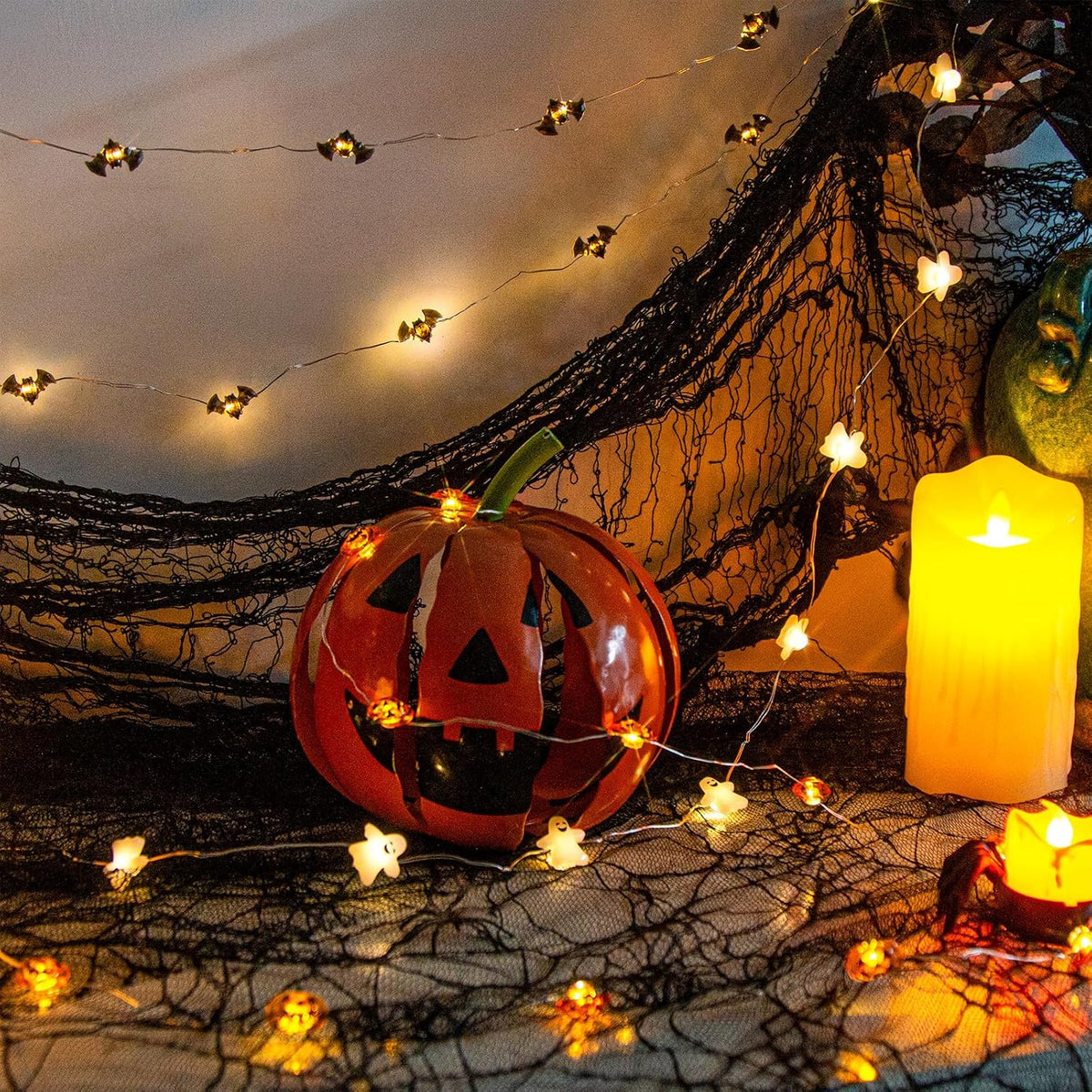 Halloween Lights Set of 3 Themed Fairy Lights with 30 LED Pumpkin Bat and Ghost Indoor Halloween Decorations Battery Powered with 8 Lighting Modes Waterproof Decor for Indoor and Outdoor